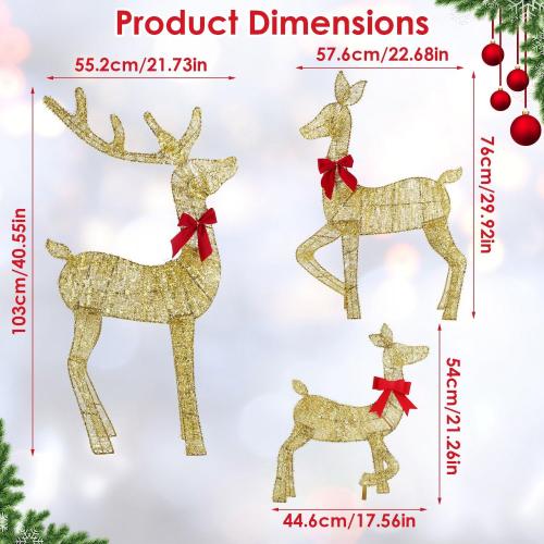 Lighted Christmas Reindeer Decoration, 3 Piece 2D Lighted Christmas Deer Family Set with 8 Lighting Modes, Outdoor Deer Decorations for Yard Patio Lawn Garden Party
