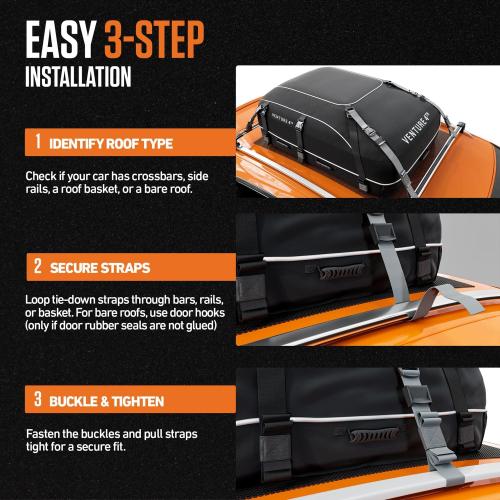 Color Black VENTURE 4TH Rooftop Cargo Carrier -  Waterproof Car Roof Cargo Bag with Tie-Down & Compression Straps, Fits Most Vehicles with or Without Roof Racks, Sidebars & Crossbars