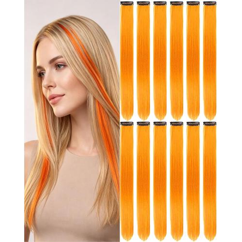 8 PCS Orange Hair Extensions Clip in, 22 Inch Colored Party Synthetic Neon Highlights Extensions, Rainbow Hair Accessories for Women Hair Pieces (Orange)