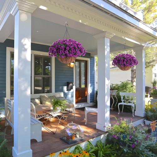 Artificial Hanging Flower Plants with Basket for Spring Summer Outdoor Decoration, Faux Petunias Flowers Fake Morning Glory Planter for Outside Patio Garden Porch Balcony Yard Spring Decor(Lotus) ‼️used ‼️