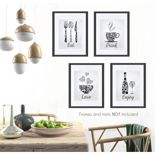 Black Grey White Mosaic Vintage Inspirational Kitchen Restaurant Cafe Bar Wall Art Decorations Eat Drink Love Wine Coffee Hearts Prints Posters Signs Sets for Rustic Farmhouse Country Home Dining