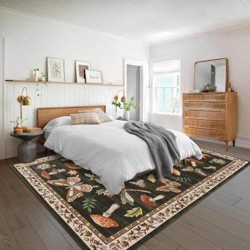 BROWN AND PINK MUTICOLOR Mushroom 10x13 Area Rug for Living Room Washable Non Slip Forest Soft Low-Pile Stain Resistant Thin Large Throw Carpet for Bedroom Dining Room Office Brown
