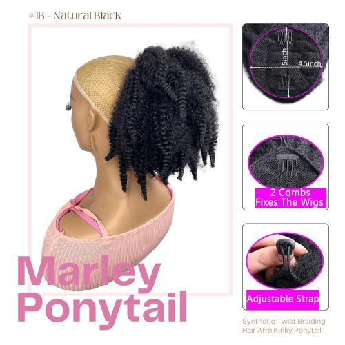 Short Marley Hair Drawstring Ponytail Black 4C Afro Puff Bun Braiding Ponytail Hair with Clips Synthetic Afro Kinky Curl Pony Tail Hairpiece for Black Women - Natural Black 12