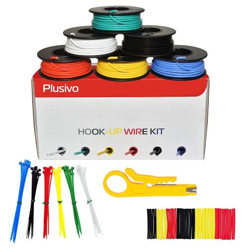 18 AWG Solid Core Hookup Wire Kit – 18 Gauge Copper Pre-Tinned PVC Coated 16ft or 5m Each Spool, 6 Colors (Black, Red, Yellow, Green, Blue, White), Jumper Electrical Wire Hook Up Wire Kit from Plusivo