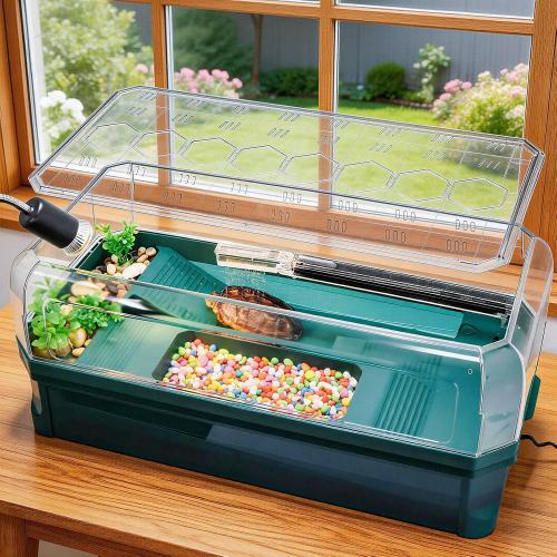 Turtle Tank Kit with 3-Stage Filter, Basking Platform & Heat Lamp - Complete Turtle Aquarium Habitat for Water Turtles, Enclosure or Hermit Crab Tank, Easy Drain Starter Kit Green, 25.9Inch