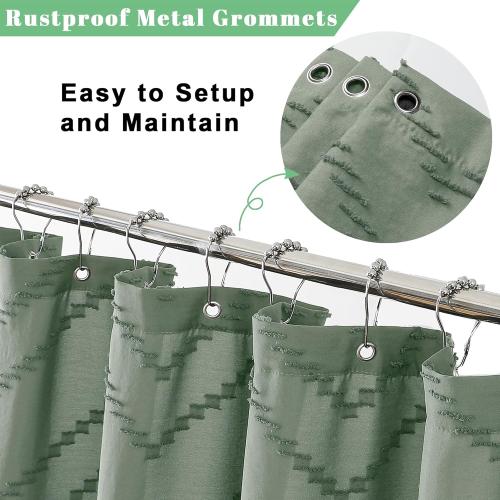 OWENIE Sage Green Fabric Shower Curtain, Boho Shower Curtains for Bathroom Chic Tufted Chevron Striped Textured with Tassel, Soft Hotel Style Farmhouse, Machine Washable, 72x78, Sage Green