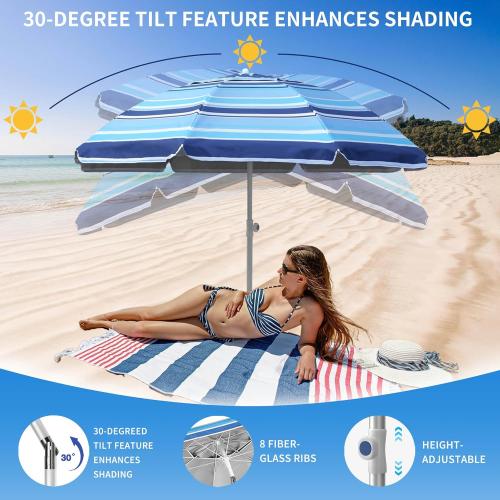 7ft Heavy Duty High Wind Beach Umbrella Parasols with sand anchor & Tilt Sun Shelter, UV 50  Protection Outdoor Sunshade Umbrellas Carry Bag for Patio Garden Pool Backyard Stripe Blue insert completely into the sand