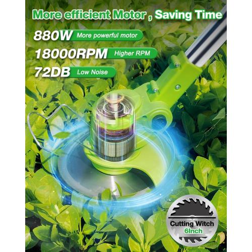Electric Weed Wacker Cordless, 21V Weed Cordless Eater Battery Powered, with 2Pcs 4.0Ah Batteries, Stringless Brush Cutter, Lightweight Foldable Grass Trimmer, 3 Types Blades, Green