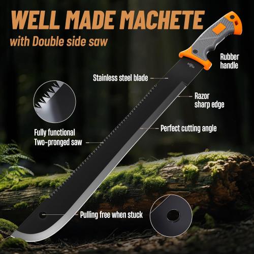 Machete with Saw 25 / 19 Heavy Duty Tool & Sheath - Ergonomic No-Slip Handle - Survival Knife with Serrated Blade - Machetes for Bushcraft Hunting Garden Cutting Trees and Yard Work