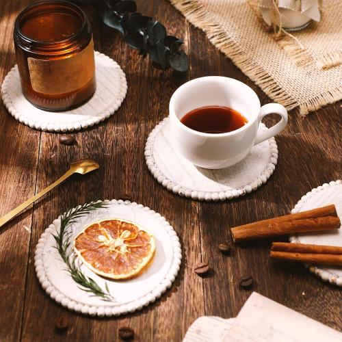 Honeydak 4 Pieces Wood Beaded Coasters 3.9 Inch Round Rustic Farmhouse Wooden Coasters for Drinks Decorative Table Top Wood Bar for Housewarming Home Kitchen(Beige)