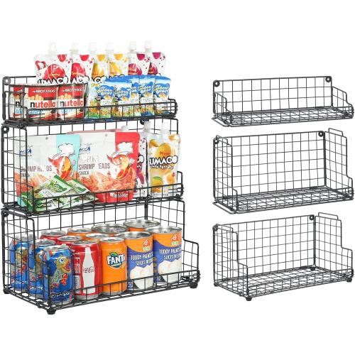 X-cosrack Stackable Wire Basket 3 Tier Countertop& Wall Mounted Metal Storage Basket for Kitchen Pantry Cabinet, Muti-functional Open Front Bin Organizer for Food Fruit Snack, Black