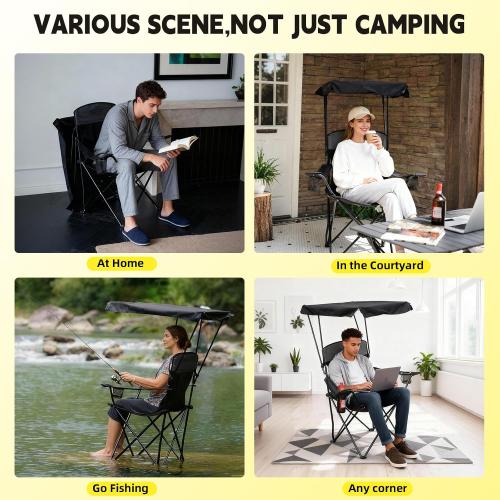 YOUNG WOOD Camping Chair with Canopy, Beach Chair with Shade,Portable,Lightweight Oversized for All, Easy to Open and Close Without Installation, Side Pocket Design for All Outdoor Activities，Black