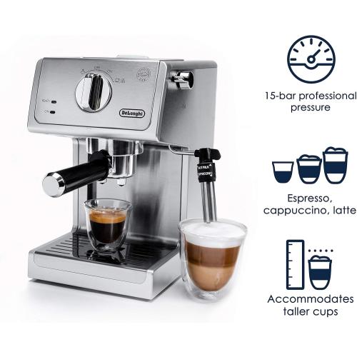 De'Longhi 15 Bar Pump Espresso Machine with Advanced Cappuccino System, Compact Stainless Steel Espresso Maker with Premium Milk Frother for Lattes, Single & Double Espresso, Tamper Included