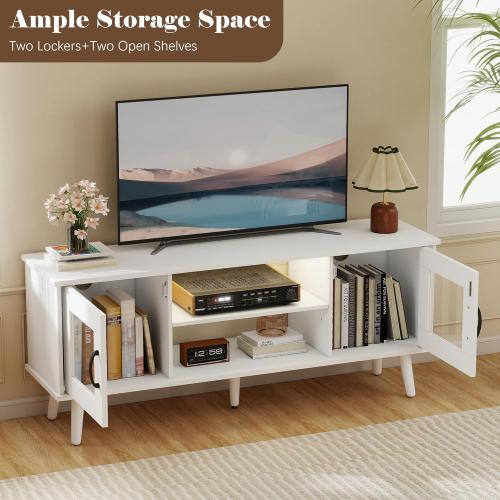Wood TV Stand for TV, Mid Century Modern Entertainment Center with Adjustable Shelf, Sensor LED Light, 2 Cabinets, TV Media Console for Living Room Bedroom White