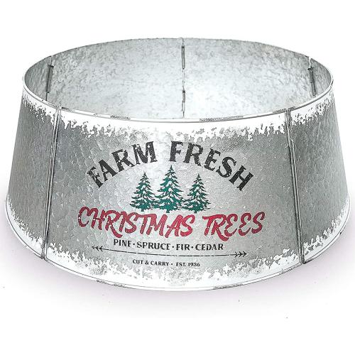 Galvanized Christmas Tree Collar - Adjustable Metal Skirt for Large to Small Trees - Distressed White, Standard Size - Christmas Decor