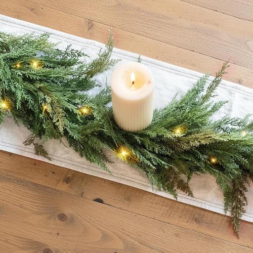 Christmas Cedar Garland Realistic - Cypress Decorations with Lights 6ft for Mantle Lighted Faux Pine Garlands for Xmas Home Decoration Indoor Stairs Railing 6 ft Fireplace Outdoor Prelit Door Decor
