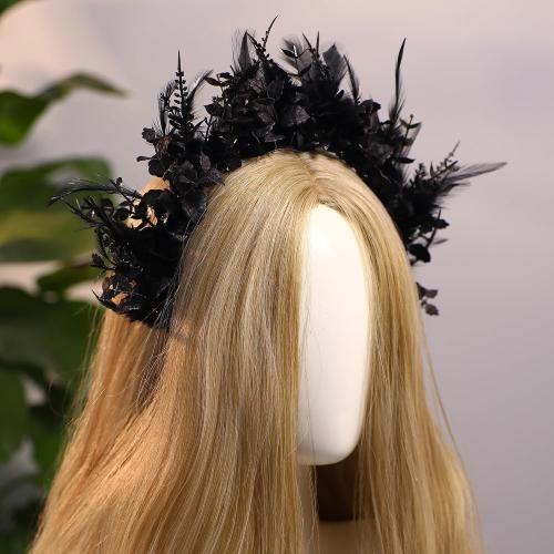 Color  Black Flower Halo Crown - Handmade Gothic Floral Headband with Feather for Women Witch Goth Wedding, Dark Halo Headband for Renaissance Cosplay Photo Shoot