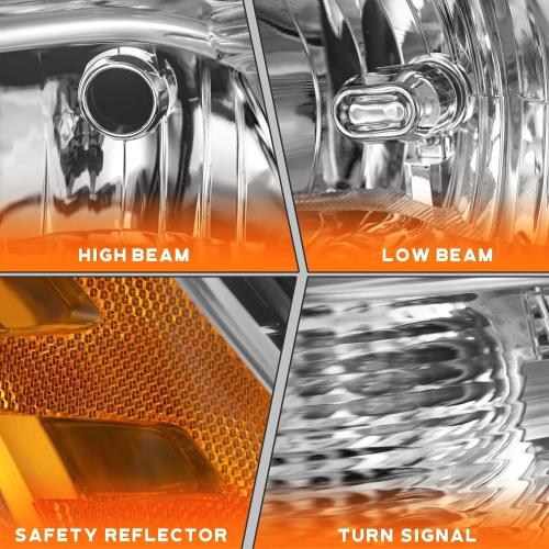 2PCS Headlights Assembly Set For 2009-2018 Dodge Ram 1500 2500 3500/2019-2022 Ram 1500 Classic Replacement Headlamp Chrome Housing Clear Lens Amber Reflector Clear Lens(LH&RH)
