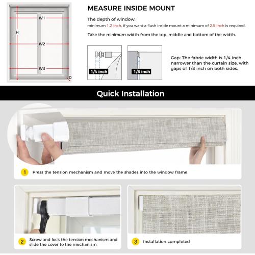 no Drill Cordless Roman Shades for Windows, 20 W × 64 H - 100% Blackout - Linen - Beige