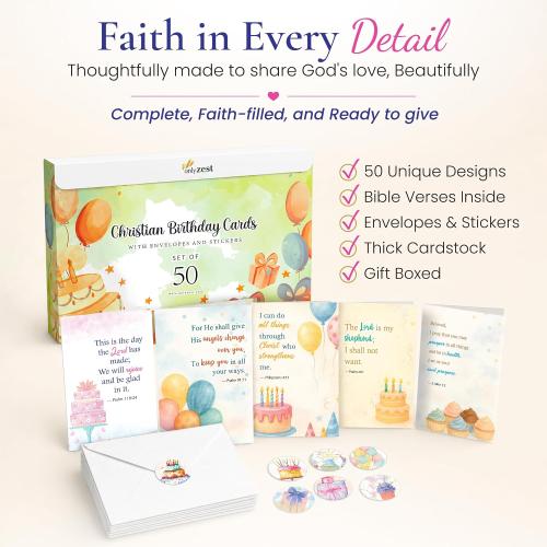 50 Unique Religious Birthday Cards with Envelopes - 4 x 6