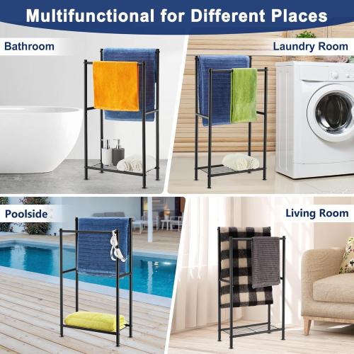 Free Standing Towel Rack, 2 Tier Towel Racks for Bathroom with Storage Shelves, Modern Outdoor Standing Towel Drying Rack for Poolside, Black Blanket Rack Holder, DECLUTTR
