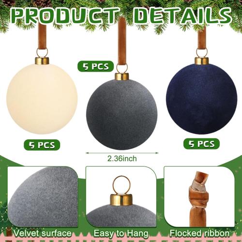 15 Pcs Velvet Christmas Ornaments 2.36 Inch Neutral Shatterproof Plastic Velvet Balls Flocked Ornaments for Christmas Tree Hanging Decorations(Beige, Gray, Dark Blue)