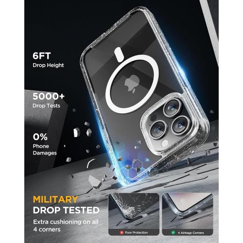 Miracase Magnetic for iPhone 15 Pro Max Case 6.7'' [Compatible with Magsafe] Full-Body Drop Proof Phone Case for iPhone 15 Pro Max with Built-in 9H Tempered Glass Screen Protector,Clear Glitter