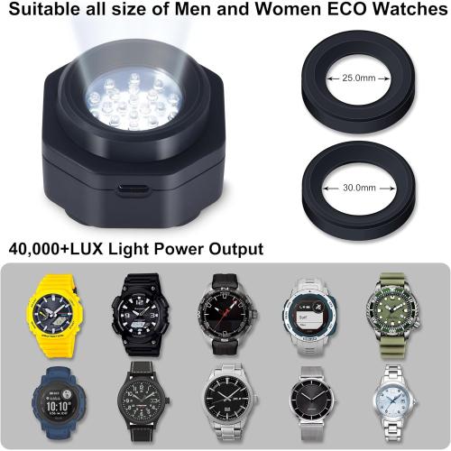 CoolFire - UV Free Solar Watch Fast Charger for All Eco Solar Watches for Men, Reloj Hombre Portable Battery Charger, for All Kinds of Sophisticated Eco Solar Watches (Black)