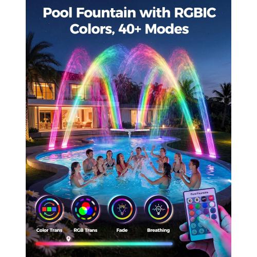 Solar Pool Fountain with Lights, Dual-Head Adjustable Spray & Timer, Remote Control, Auto Dusk Sensor, 10-Color LED Modes & 15°F Cooling Spray for Above & Inground Pools