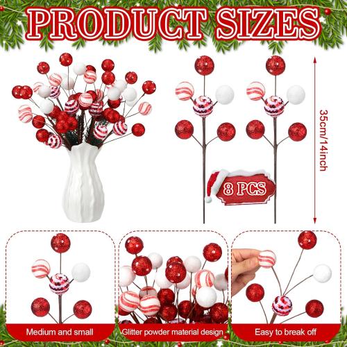 8 Pcs Red and White Christmas Tree Picks 14'' Candy Cane Tree Picks Ornaments Peppermint Christmas Decoration Glitter Berry Stems with Balls for Xmas Wreath Crafts Holiday Vase Fillers Decor
