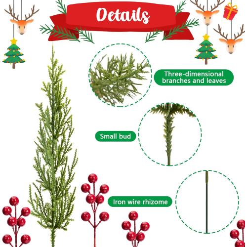 60 Pcs/Set Christmas 3D Artificial Pine Branches- 12.5 Inch Faux Evergreen Cedar Sprigs Branches- Fake Foliage Pine Needles Picks with Artificial Red Berry Stems for DIY Christmas Decoration