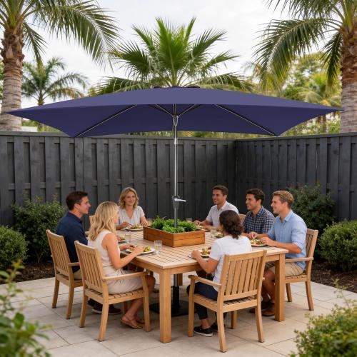 Rectangular Patio Umbrella, 6.5 x 10 ft Rectangle Table Umbrellas w/Heavy Duty Ribs, Effortless Crank and Push Button Tilt, Wind Resistant Sun Umbrella for Outdoor Patio, Navy Blue ‼️used‼️