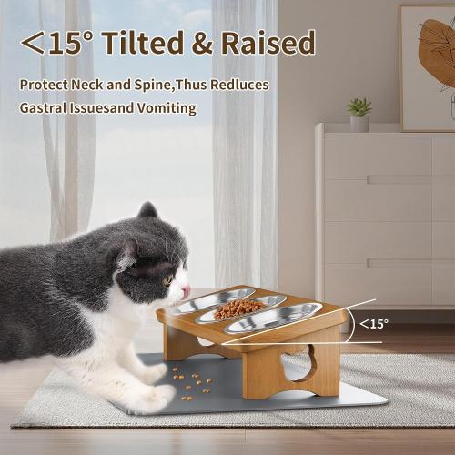 Elevated Cat Bowls with 3 Stainless Steel Bowls | 15° Tilted Anti-Vomiting Raised Cat Food Bowl with Solid Wood Stand and Silicone Pad for Cats and Small Pets Bowl(Warm Chestnut)