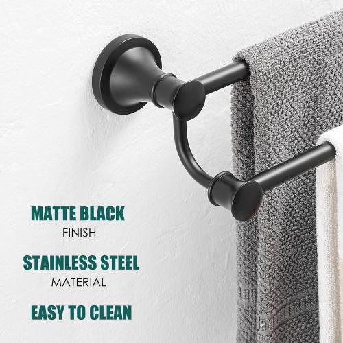 Hoimpro Adjustable Retractable 15-27 Inches Stainless Steel Bathroom Towel Bar, Bathroom Accessories Bath Hotel Double Towel Bar Rod Hanger Wall Mounted Towel Holder Towel Rack, Matte Black