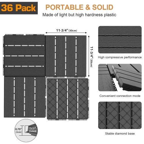Goovilla Plastic Interlocking Deck Tiles, 36 Pack, 12x12 Each, Dark Grey | Waterproof Outdoor Flooring All Weather Use, Patio Floor Decking Tiles for Porch Poolside Balcony Backyard Concrete