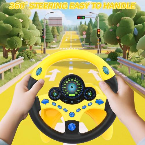deAO Kids Steering Wheel for Backseat with Car Key Pretend Driving Simulated Driving Steering Wheel Toy with Light and Music Gifts for Kids (Yellow)