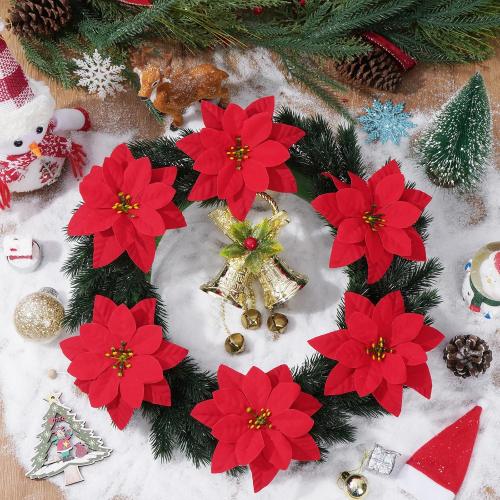 Artflower Christmas Decorations - 6 Pack Poinsettias Artificial Christmas Flowers, Fake Red Velvet Artificial Poinsettias Flowers for Christmas Tree Home Party Porch Yard Indoor Outdoor Decor