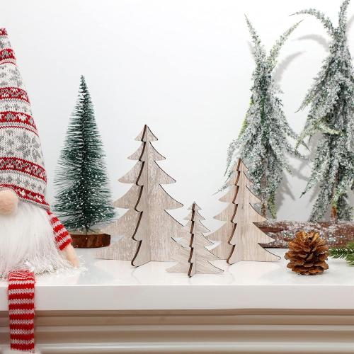 18 Pieces Wooden Christmas Tree Crafts 3D Natural Cutouts Rustic Wood Christmas Tree Decorations Decorative Wood Home Table Decors for Holidays Parties Anniversaries Decorations