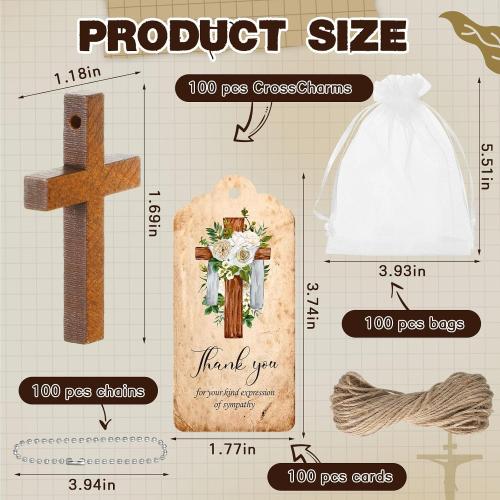 Tradder 100 Set Funeral Favor for a Memorial Service with 100 Wooden Cross Keychain Funeral Thank You Card Organza Bag Guest Sympathy Gift for Remembrance Bereavement Celebration of Life(Cross)
