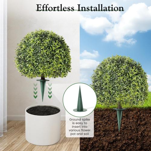 Lewondr Artificial Boxwood Topiary Ball Trees, 22.83'' Fake Plants Outdoor with Ground Spike, Set of 2 UV and Fade Resistant Faux Greenery Shrubs for Outdoor Indoor Front Porch Garden, Green
