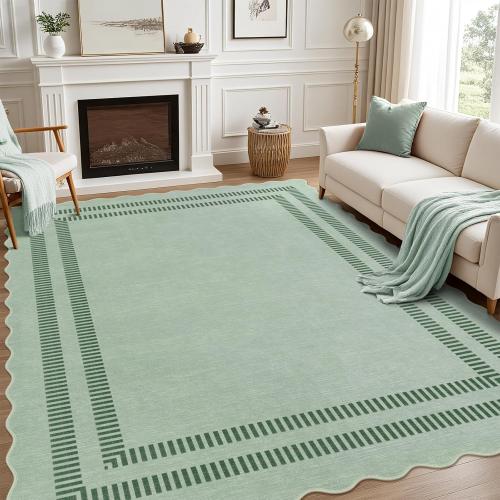 Washable 8x10 Rugs for Living Room Bedroom, Non-Slip Sage Green Indoor Carpet for Dining Room Office, Ultra Thin Scalloped Soft Carpets for Kids Nursery Playroom