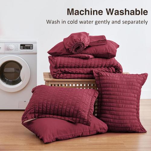 Love's cabin Seersucker Burgundy King Size Comforter Set, 7-Piece All Season Lightweight Bed in a Bag Bedding Set with Comforter, Flat Sheet, Fitted Sheet, Pillowcases and Shams