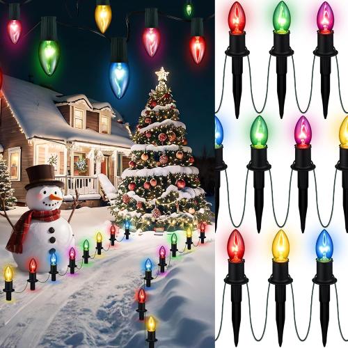 TIORIY Christmas Lights Outdoor 20 Pathway Lights - 24.2ft Multicolor Walkway Light with Stakes, C9 Driveway Light for Outside Yard Garden, Extendable for Xmas Holiday Decorations, 20 Lights