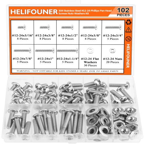 HELIFOUNER 102 Pieces #12-24 Phillips Pan Head Machine Screws Nuts Washers Assortment Kit, Coarse Thread, Fully Machine Threaded, 304 Stainless Steel