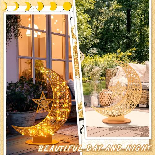Large Metal Ramadan Moon Stand Lights Decorations for Home Iron Eid Mubarak Star Crescent Moon Lamp LED Light Stand Eid Craft Table Centerpiece Home Islamic Gift(22.4 x 26.3 Inch,Modern Style)