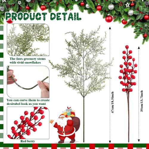 16 Pcs Christmas Tree Branches Filler Artificial Pine Branches with Berry Stems Christmas Tree Picks Greenery Sprays Berry and Cedar Picks for Vase Fillers Table Decor(Snow Cover,Red)