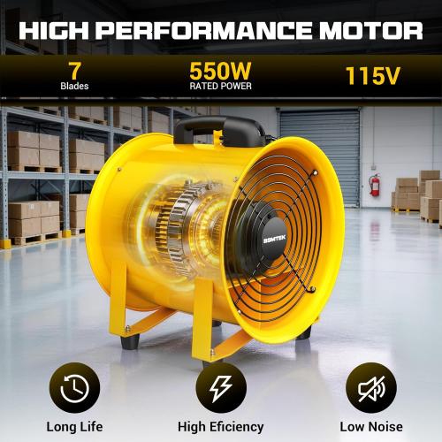 12 Inch High-Portable Exhaust Fan, 3500CFM 550W with 33FT Duct Hose, Low-Noise Industrial Portable Ventilator Blower for Basements, Workshops, Warehouses, Confined Spaces