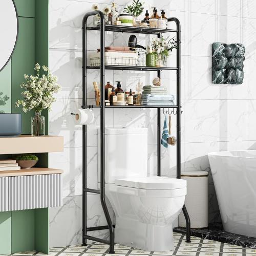 Simple Trending Over The Toilet Storage Rack, Metal 3 Tier Bathroom Organizer Shelf with Paper Holder and 3 Hooks, Freestanding Shelf Space Saver Above Toilet,Black‼️shelf covers not included may be missing hardware, small scratches‼️