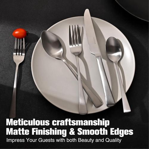 KINGSTONE Silverware  18/10 Stainless Steel Flatware Set,Forged Cutlery Set Matte Satin Finish, Dishwasher Safe