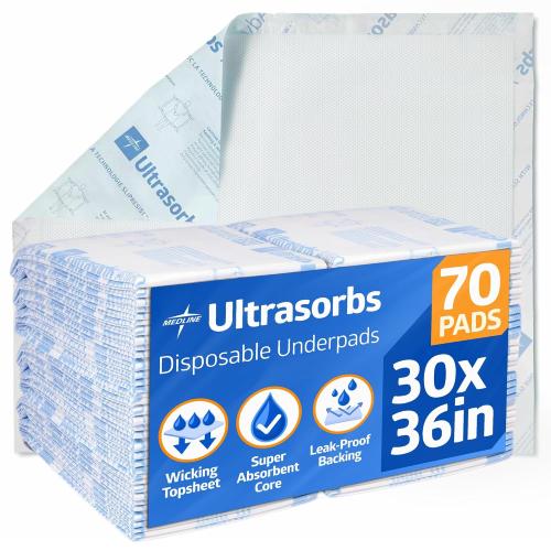 Medline Ultrasorbs Drypads with SlipResist Technology, 30 x 36, 70 Count, Super Absorbent Disposable Bed Pads, Incontinence Bed Pads, Adult Bed Pads, 10x More Absorbent, Chucks for Adults, Elderly